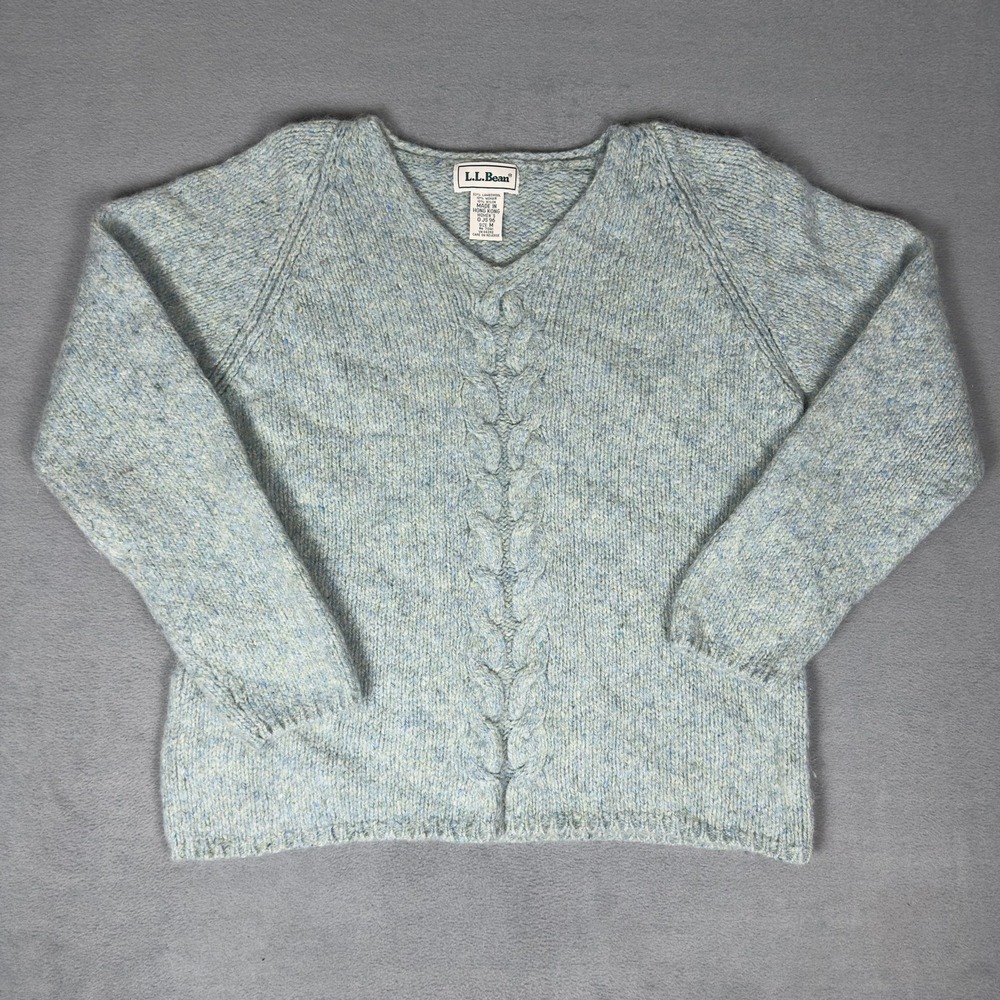 Vintage 90s L.L. Bean Lambswool Mohair Cable Knit V-Neck Sweater Blue Gray M